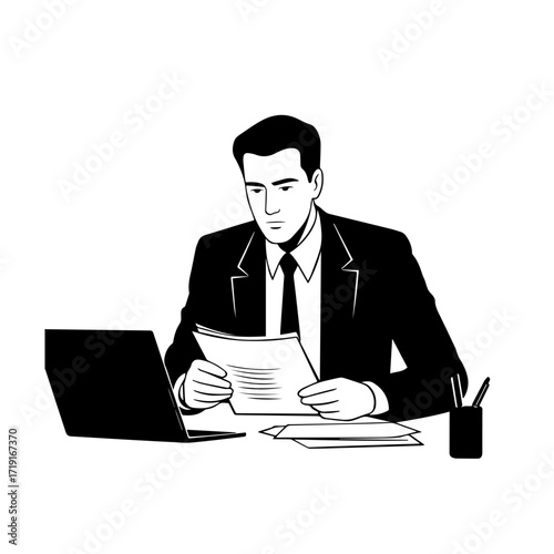 Black and white line art of a hardworking man at office desk with laptop and documents minimalist illustration