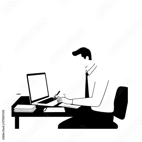 Black and white line art of a hardworking man at office desk with laptop and documents minimalist illustration