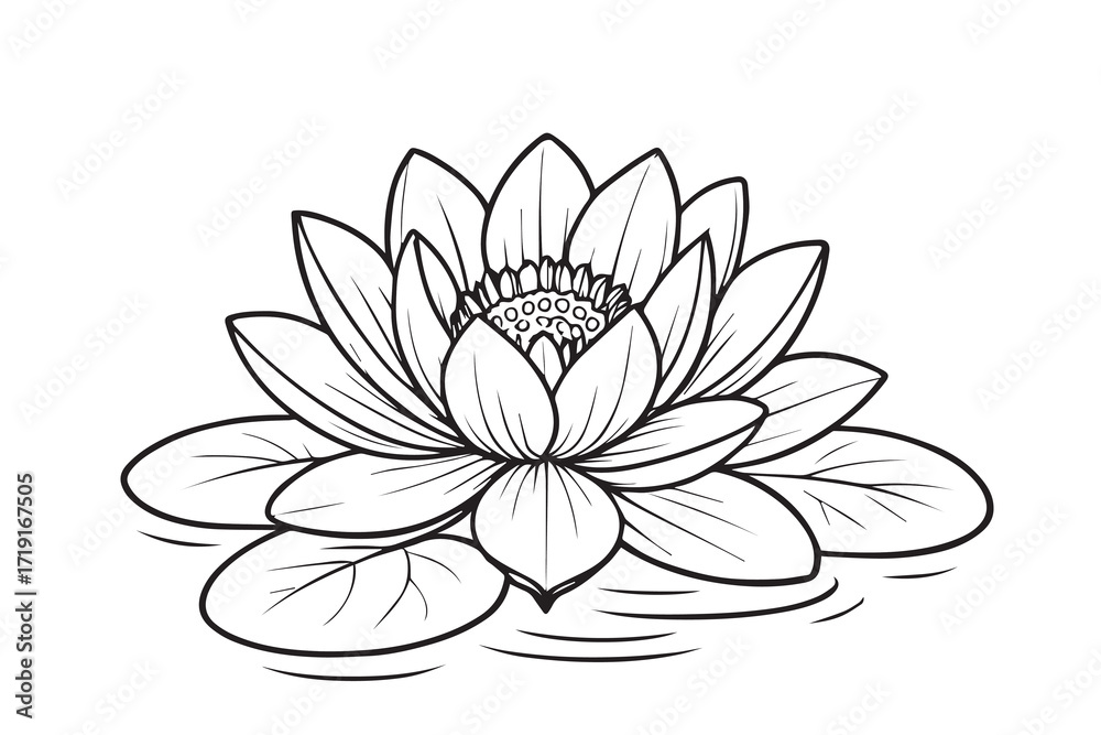 Fototapeta premium Vector minimal line art of lotus flower floating peacefully on water, presented in black and white with thick outlines, perfect for decorative artwork.