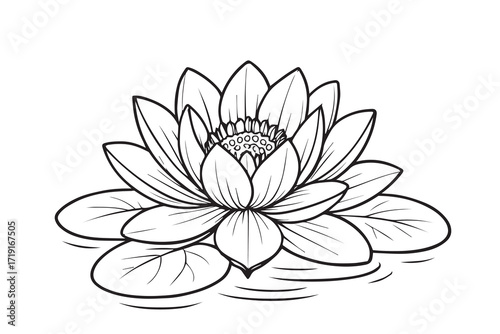 Vector minimal line art of lotus flower floating peacefully on water, presented in black and white with thick outlines, perfect for decorative artwork.