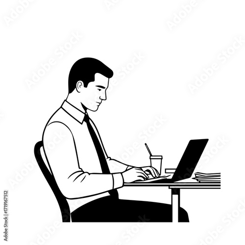 Black and white line art of a hardworking man at office desk with laptop and documents minimalist illustration