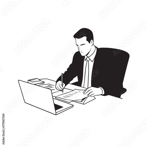 Black and white line art of a hardworking man at office desk with laptop and documents minimalist illustration