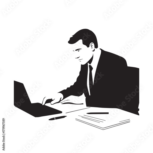 Black and white line art of a hardworking man at office desk with laptop and documents minimalist illustration