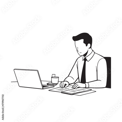 Black and white line art of a hardworking man at office desk with laptop and documents minimalist illustration