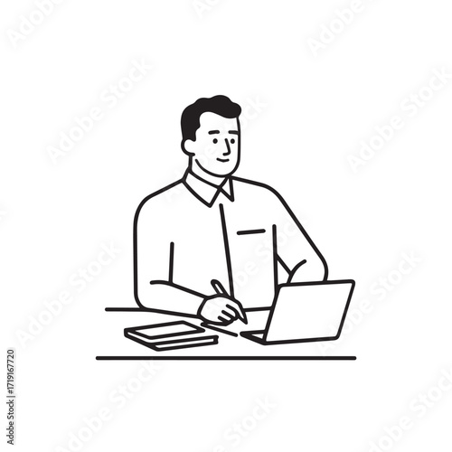 Black and white line art of a hardworking man at office desk with laptop and documents minimalist illustration