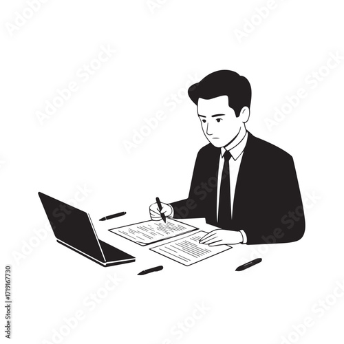 Black and white line art of a hardworking man at office desk with laptop and documents minimalist illustration