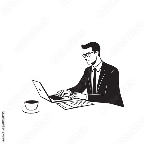 Black and white line art of a hardworking man at office desk with laptop and documents minimalist illustration