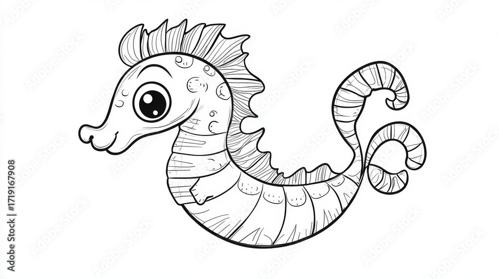Fototapeta premium 6.A sweet black-and-white vector illustration of a cute cartoon seahorse, perfect for a children's coloring book. The seahorse has a long, spiral tail, small fins, and an adorable face with wide