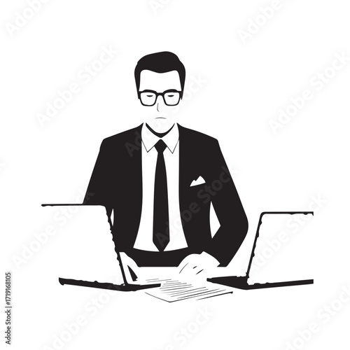 Black and white line art of a hardworking man at office desk with laptop and documents minimalist illustration