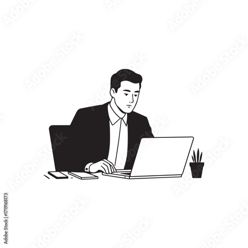 Black and white line art of a hardworking man at office desk with laptop and documents minimalist illustration