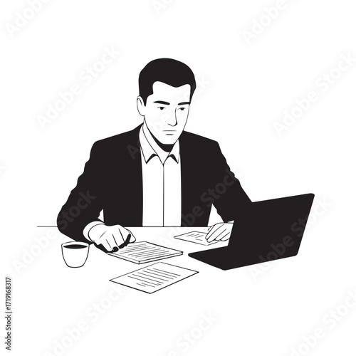 Black and white line art of a hardworking man at office desk with laptop and documents minimalist illustration