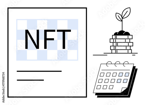 NFT certificate next to a stack of coins with a growing plant and a marked calendar. Ideal for NFT, crypto investment, financial growth, digital assets, blockchain, green investment, planning. Simple