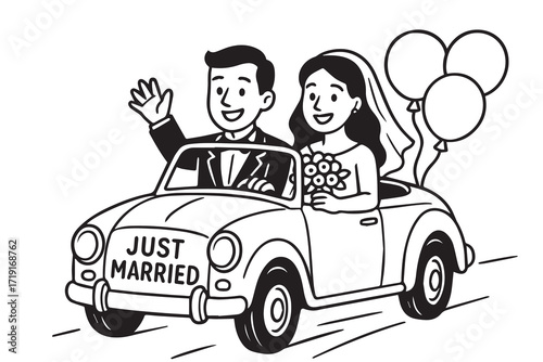 Vector cute illustration of a newlywed couple riding a car with “Just Married” sign, entirely in black and white with bold outline.