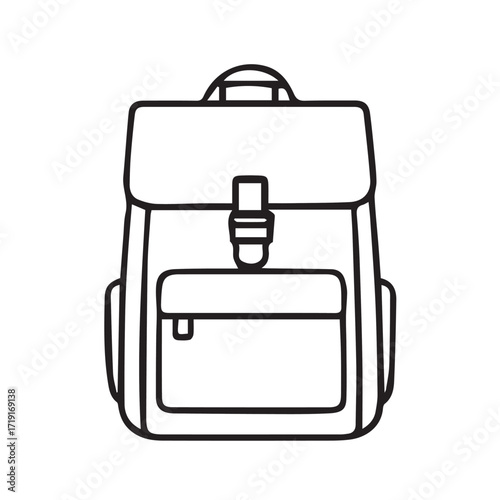 Minimalist vector drawing of a backpack, created in elegant monochrome theme with defined bold outlines, suitable for product illustration or marketing concepts.