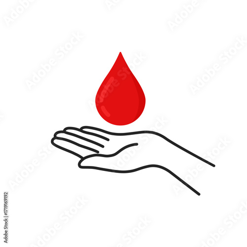 thin line hand with red drop like blood donor