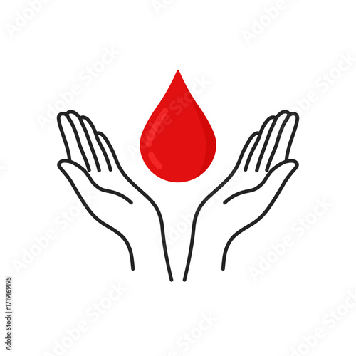 two hands with red blood drop like donation icon