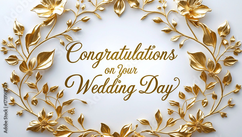 gold foil floral borders featuring delicate petals and leaves, with a elegant cursive script “Congratulations on Your Wedding Day” in the center
