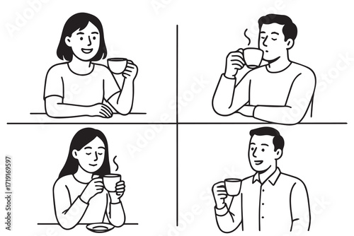 Vector graphic representation of two women and two men enjoying coffee moments, leisure theme, created in black and white style with defined outline.