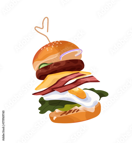 Burger with buns, meat cutlet, vegetables, egg, cheese. Hamburger, cheeseburger. Fastfood meal, delicious eating from fast food restaurant. Flat isolated vector illustration on white background