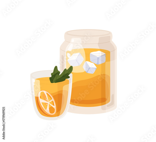 Pitcher and glass of fresh squeezed lemon juice, cool lemonade with ice cubes, orange slice. Jug and tumbler of refreshing soft drink with citrus fruit. Flat isolated vector illustration on white