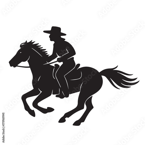 Vector minimalist silhouette showing cowboy sheriff on horse, created entirely in black and white with strong outlines, perfect for western storytelling artworks.
