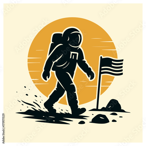 Astronaut Planting Flag on Moon – Space Exploration Emblem