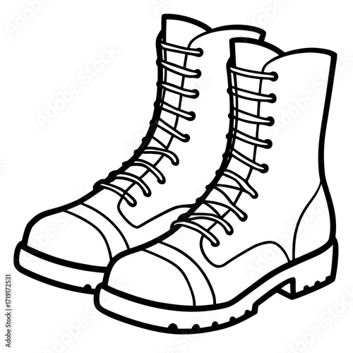 Combat Boot Line Art Sketch Vector Illustration on White Background