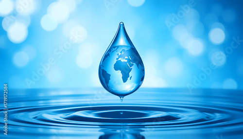 Earth Shaped Water Droplet Above Rippled Surface Conservation Concept