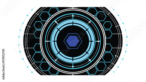 Futuristic digital interface hud display with glowing blue and green technology elements and hexagonal grid pattern