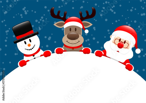 Schneemann Rentier Und Weihnachtsmann Rundes Banner Schnee Dunkelblau