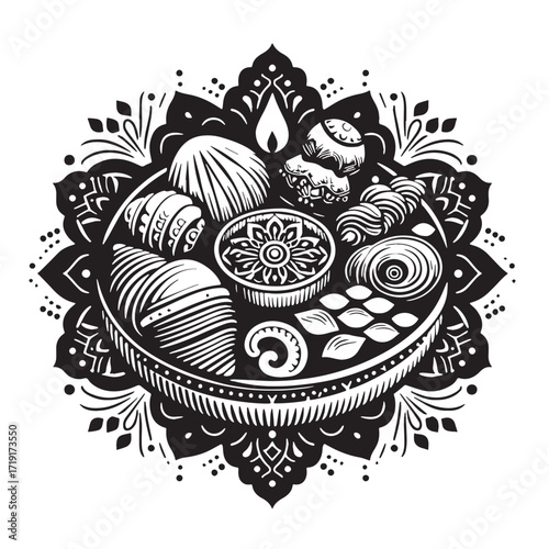 Black Diwali sweets plate Silhouette Vector, High Quality Illustration on White Background