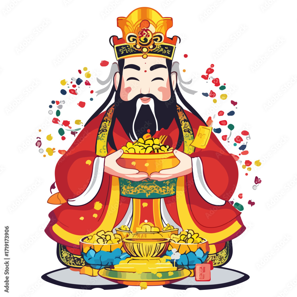 Obraz premium god of wealth, asian costume, new year, festival, celebration, vector, transparent background, icon, culture, asia, decoration, religion, worship, god, faith, religious