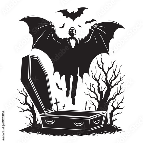 Black Dracula rising from coffin Silhouette Vector, High Quality Illustration on White Background