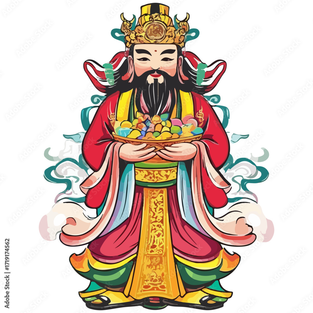 Obraz premium god of wealth, asian costume, new year, festival, celebration, vector, transparent background, icon, culture, asia, decoration, religion, worship, god, faith, religious