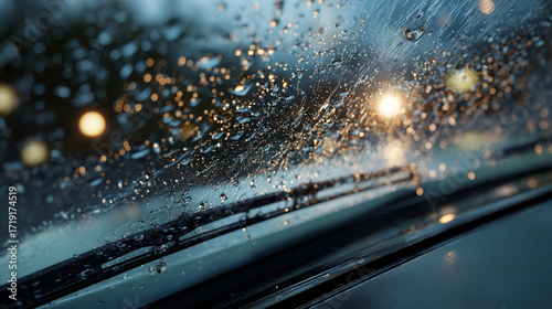 Rain droplets on a car windshield with wipers and blurred city lights at night time