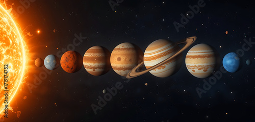 Solar System Planets Aligned in Row with Sun and Pluto Realistic Space Illustration