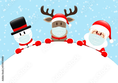 Schneemann Rentier Und Weihnachtsmann Maske Rundes Banner Schnee Blau