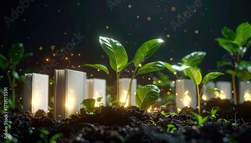 Seedlings grow among glowing books in rich soil, surrounded by sparkling lights against a dark backdrop, symbolizing knowledge and growth