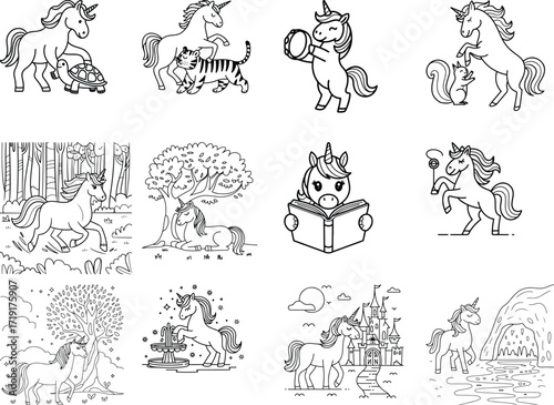 Enchanting magical unicorn illustration featuring a majestic creature interacting with a gentle turtle and a fierce tiger in a vibrant natural landscape isolated on white background
