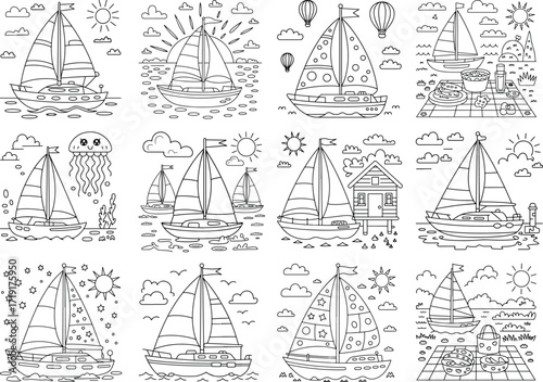 Collection of nautical line art featuring sailboats anchors and maritime elements for design projects isolated on white background