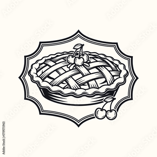 Monochrome illustration of a cherry pie with lattice crust and cherries on top.