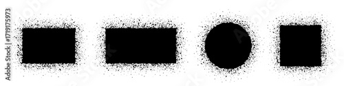 Spray paint frames with soft splatter texture in square, rectangular, and circular shapes. Grunge stencil borders for banner, label, or graffiti design. Urban vector illustration.