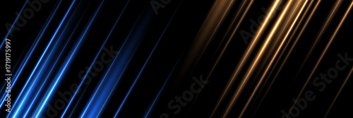 Blue and orange neon diagonal light beams on black background. Glowing futuristic lines with motion blur and gradient reflections. Sci-fi abstract energy backdrop vector.
