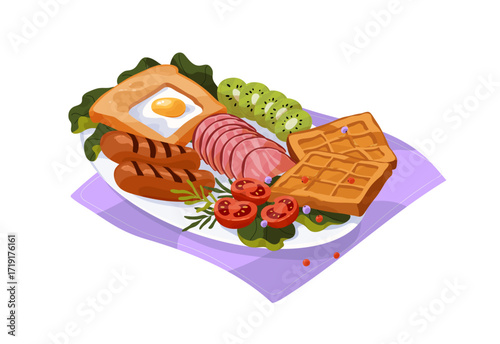Traditional English breakfast meal. Plate with toast, roasted egg, ham, fried sausage, fruit, vegetables and tasty waffles. Cooked food on dish. Flat isolated vector illustration on white background