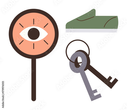 Magnifying glass with an eye, two keys, and a green shoe highlighting search, security, and exploration. Ideal for research, security, discovery curiosity access travel and focus. Simple flat