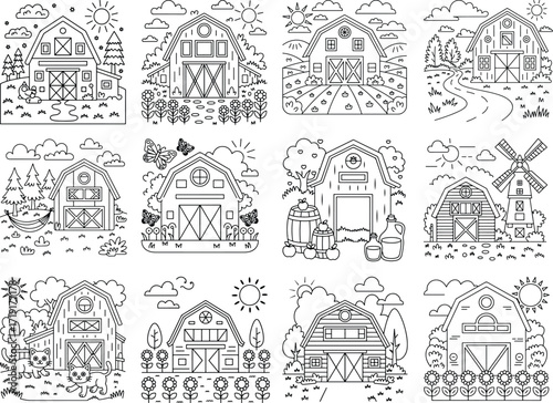 Charming whimsical barns and farm life scenes for coloring pages featuring animals and rural elements isolated on white background