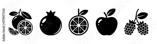 A collection of black and white fruit icons including oranges, pomegranate, apple, and raspberries