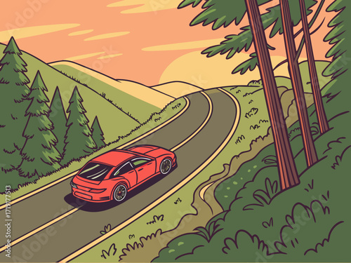 Aerial view of a red car on a winding mountain road through the green forest in sunset light.

