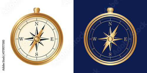 Classic golden compass rose, decorative navigation icon