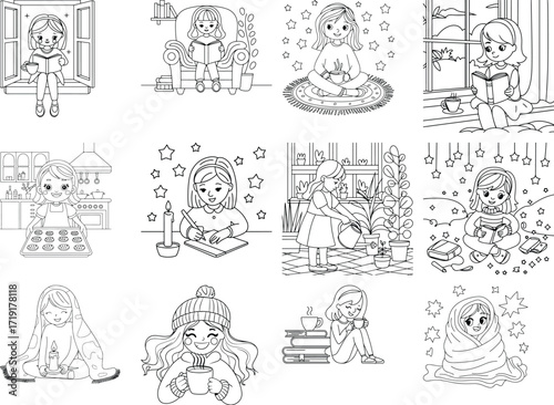 Charming girls enjoying cozy indoor activities perfect for coloring pages showcasing a delightful collection of heartwarming scenes isolated on white background